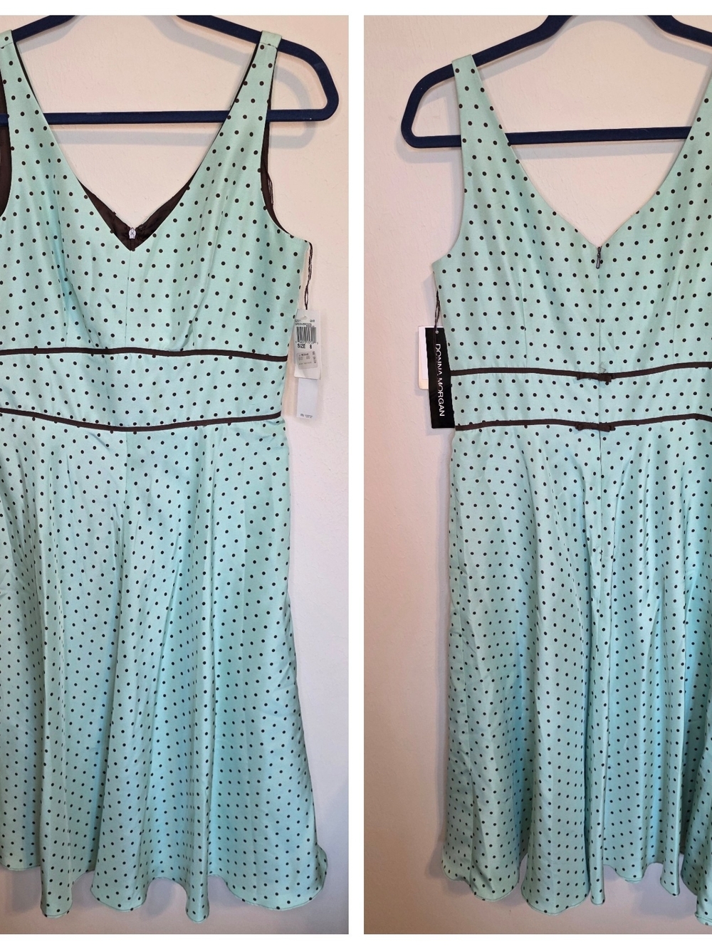 Donna Morgan Mint Green Polka Dot Fit-and-Flare Dress with Brown Trim